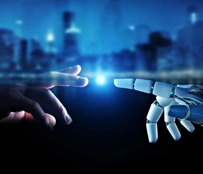 White cyborg finger about to touch human finger on city background 3D rendering